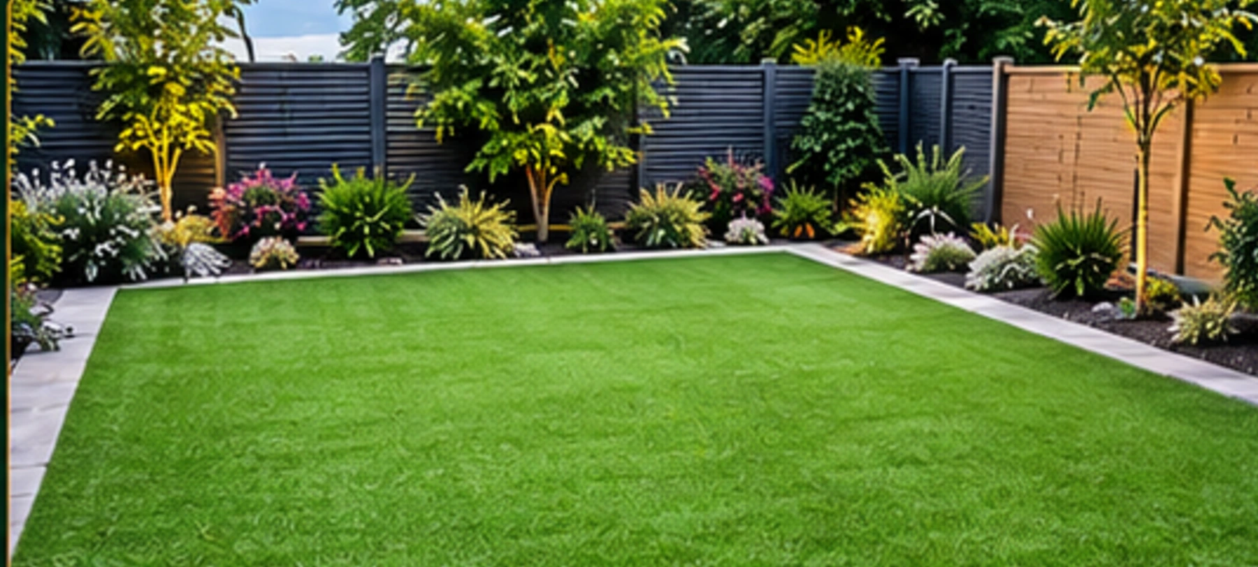 Illustrative example of artificial grass installed in a landscaped garden