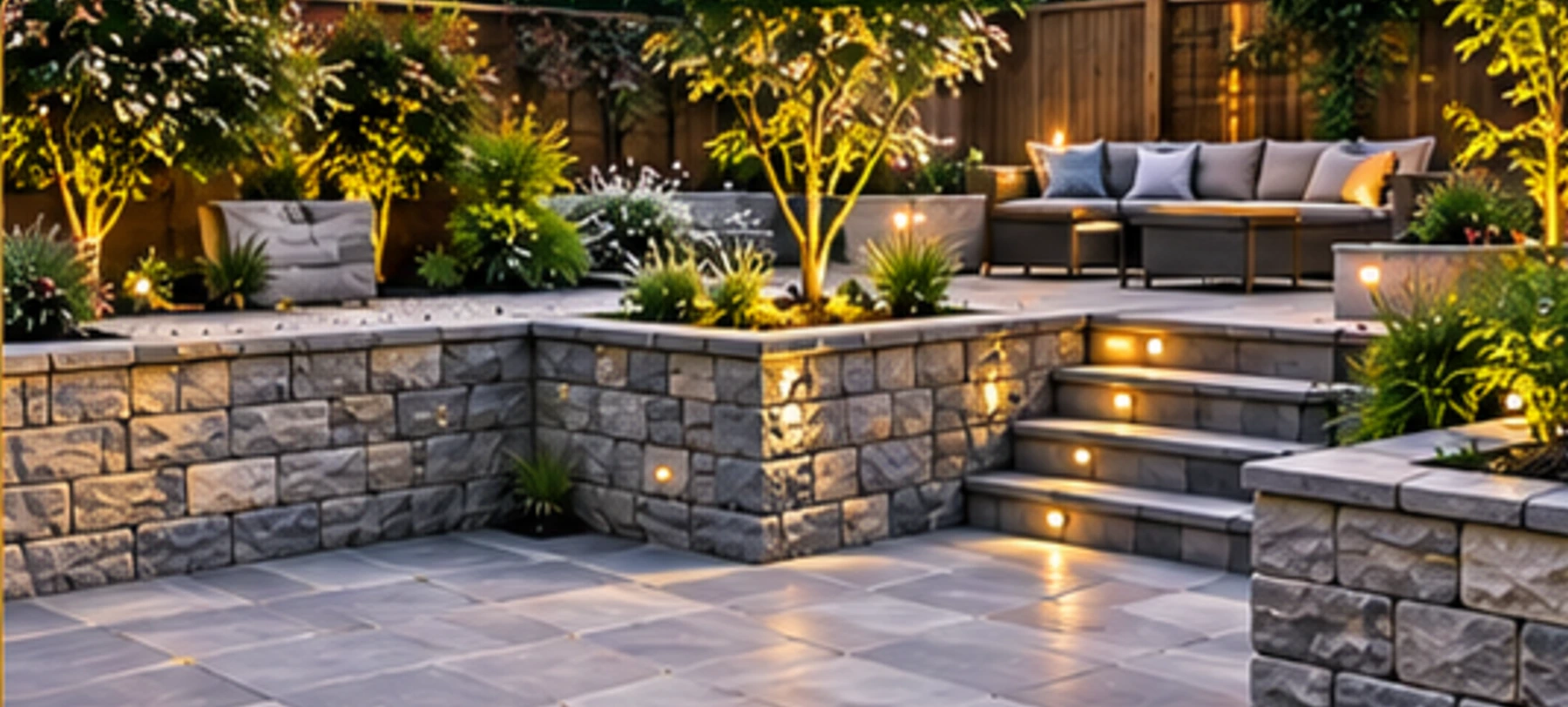 Illustrative example of a landscaped patio with modern paving and garden walls