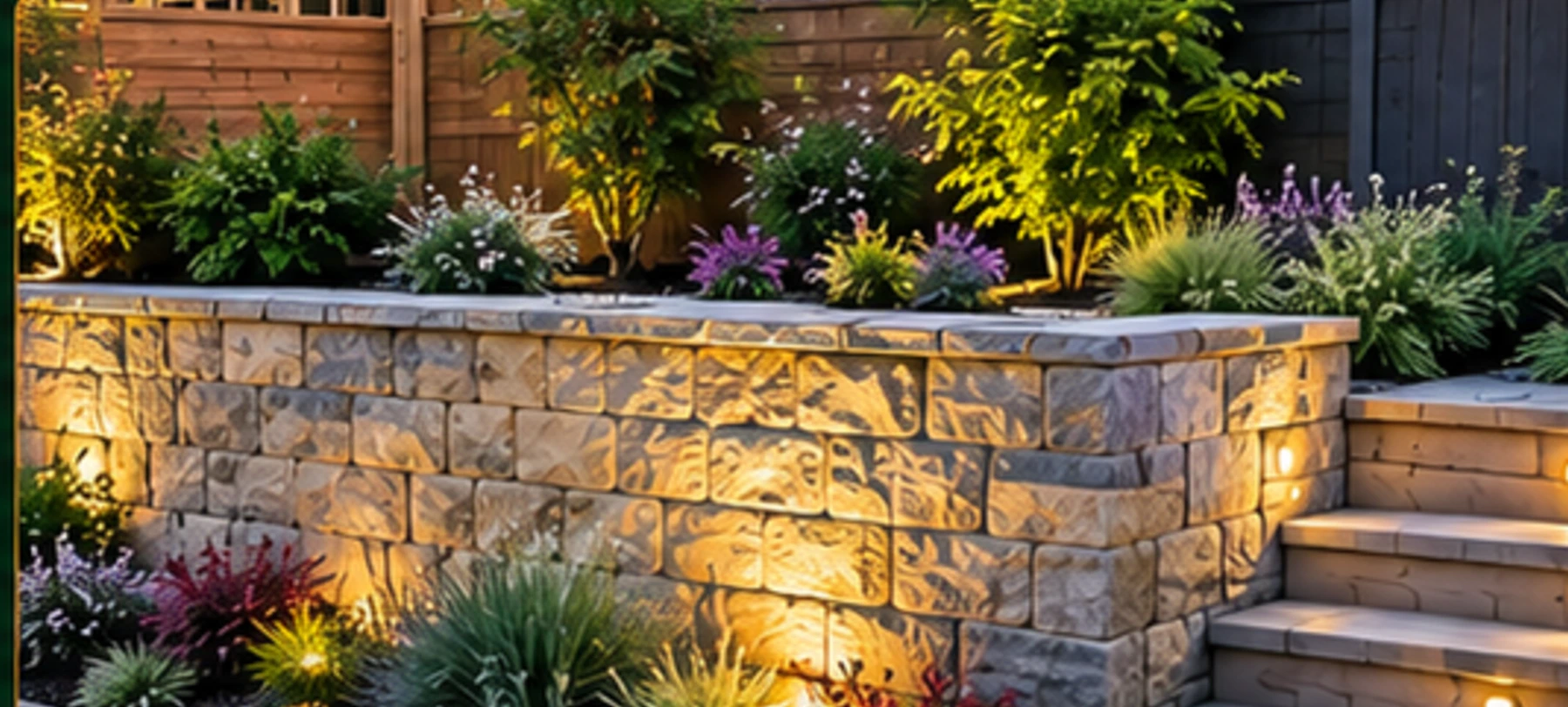 Illustrative example of landscaped garden walls with steps and lighting